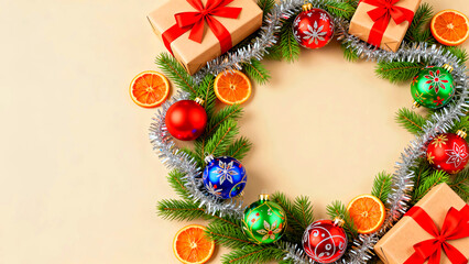 Festive christmas wreath arrangement featuring ornaments gifts orange slices and silver tinsel on a light background perfect for holiday greetings and seasonal designs