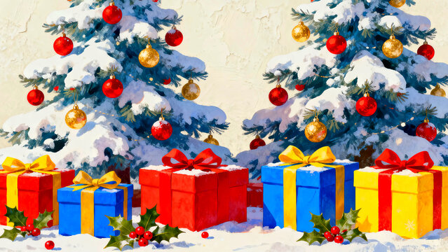 Festive christmas scene featuring decorated trees with ornaments and colorful gift boxes with ribbons in a snowy landscape creating a joyful holiday atmosphere for seasonal greetings and celebrations