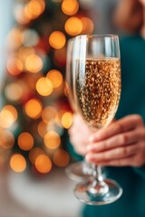 Close-up of a sparkling champagne glass in hand with warm holiday bokeh