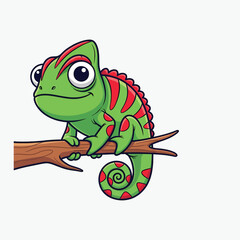 Fototapeta premium Cartoon chameleon sitting on a branch with a cheerful expression against a white background
