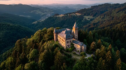 Fototapeta premium Elevated historical structure overlooks densely forested mountain valley during twilight