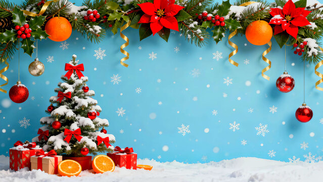Festive christmas scene featuring a snowcovered christmas tree adorned with red ornaments and bows presents wrapped in red paper oranges and a garland with poinsettias against a light blue background - Powered by Adobe