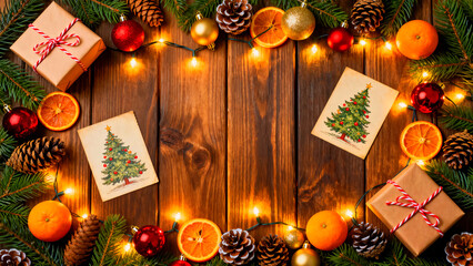 Festive christmas arrangement featuring pine branches ornaments gifts and christmas tree cards on a rustic wooden surface illuminated by warm string lights creating a cozy holiday atmosphere