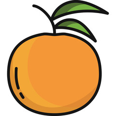 Single Round Orange Fruit with Two Green Leaves and a Stem on a Transparent Background with Black Outline and Soft Shadows