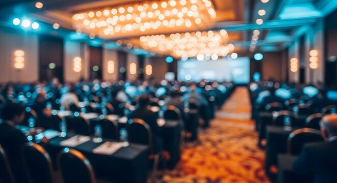 Blurred view of a large conference hall filled with seated audience attending a presentation or seminar under bright lighting