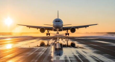Fototapeta premium An Airplane Landing on the Runway at Sunset with a Beautiful Sky