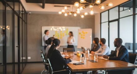 Diverse group of business professionals attending a meeting or presentation in a modern conference room setting