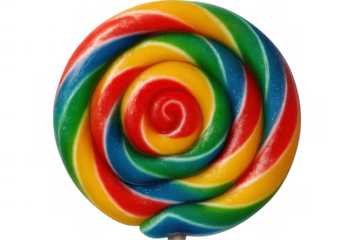 Rainbow swirl lollipop candy on a stick with vibrant colors and sweet sugar flavor, transparent background for dessert treat
