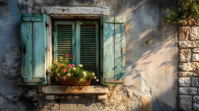 Weathered wooden shutters frame a window box filled with colorful blossoms against an old stucco and stone wall.