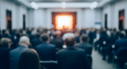 Blurred view from behind an audience seated in a large conference hall facing a brightly lit stage or screen during an event