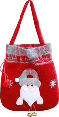 Red velvet Christmas gift bag with Santa Claus image on transparent background