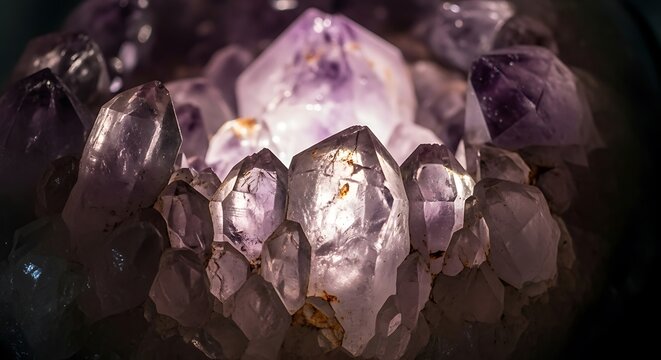 Intricate arrangement of translucent amethyst crystals in a geometric array