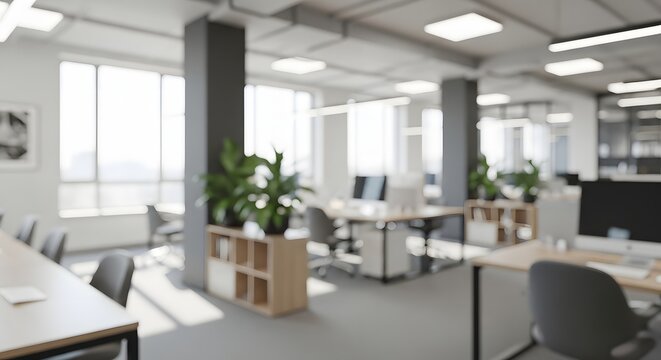 Blurred modern open plan office interior with desks, chairs, windows, and potted plant decoration