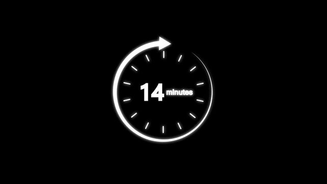 Animation text 14 min with blue arrow. Eighteen min Animation video timer icon with 14 min. timer 14 minutes countdown.4k