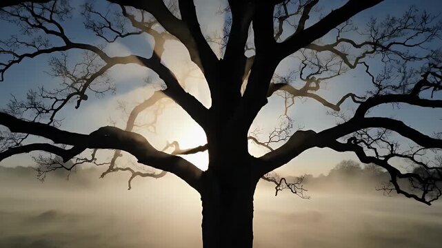 A solitary leafless tree stands on a foggy landscape during sunrise, creating a dramatic silhouette against the early morning sky