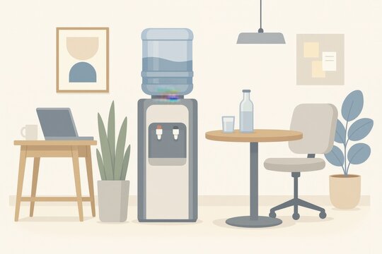 Serene minimalistic office setting featuring a comfortable workspace with a modern water cooler and green plants promoting productivity and calm atmosphere