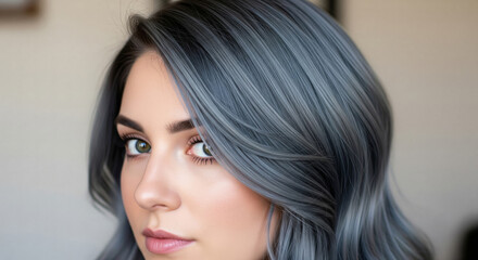 Fototapeta premium A striking rear view of a woman with beautiful hair dyed a vibrant smoky gray color.