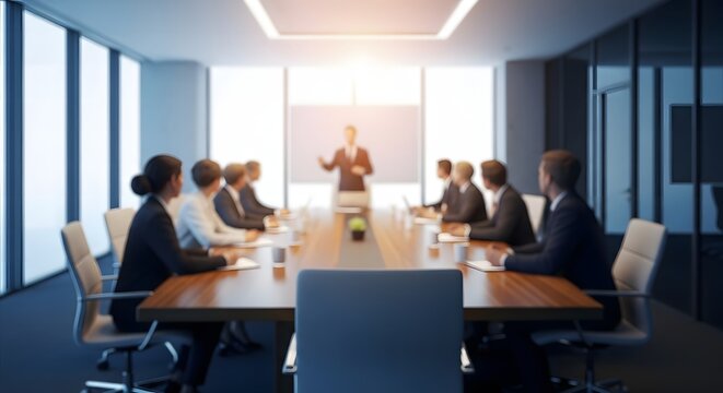 Business meeting in modern conference room with executive presenting to seated team member audience during bright day