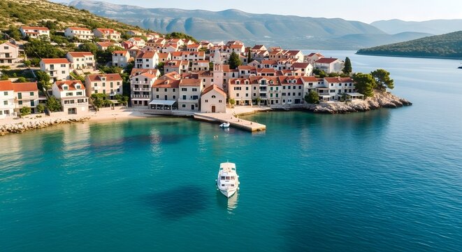 Coastal Town of Jelsa on Hvar Island with Turquoise Water and Boat