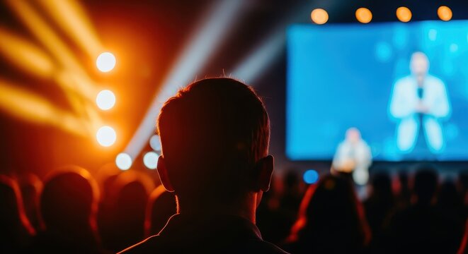 Rear view of audience member watching a speaker on stage with dramatic lighting and a large screen display during a business conference or inspirational event