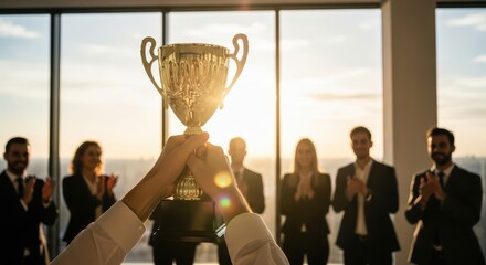 Successful business team celebrating victory with a golden trophy raised high against a bright, sunlit office window at sunset