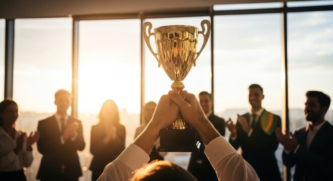 Successful business team celebrating victory with a golden trophy raised high against a bright, sunlit office window at sunset
