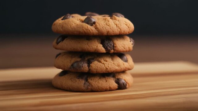 Delicious stack of chocolate chip cookies on wooden surface. Close up shot shows the details of a perfect homemade dessert