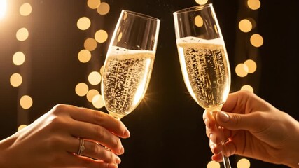 Close-up of two hands clinking champagne glasses in a toast - Powered by Adobe