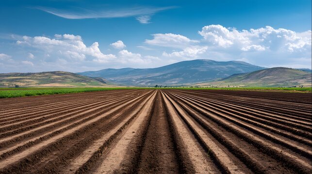Cultivated earth stretches out in endless parallel rows toward distant rolling hills under a bright sky