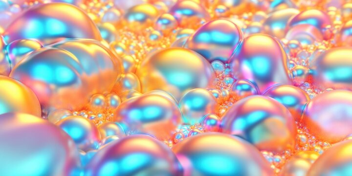 Iridescent bubbles with colorful reflections form abstract shiny liquid surface pattern with vibrant texture in closeup macro view