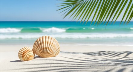 Two Seashells on Sand with a Palm Tree Branch near Ocean Wave Beach