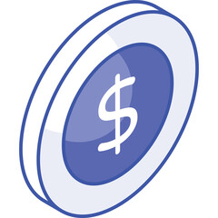 Single Silver Coin With Blue Center And Dollar Symbol Illustration In Isometric View No Background