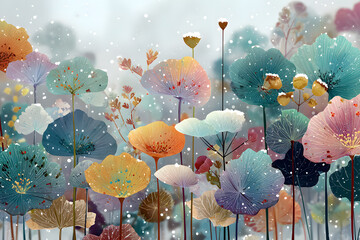 Bordure harmonieuse avec des fleurs, des feuilles et des plantes multicolores enneig&eacute;es et glac&eacute;es abstraites, des flocons de neige. fond blanc, illustration de prairie d'hiver. IA g&eacute;n&eacute;rative, IA