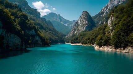 Obraz premium Vibrant turquoise reservoir flows between steep, forested mountain slopes under a clear sky