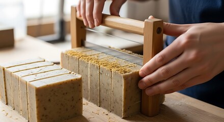 Person precisely slicing handmade soap with a specialized cutter machine