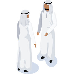 Two Men Wearing Traditional White Kandura and Ghutra Engaged in Discussion on a Transparent Background Isometric View