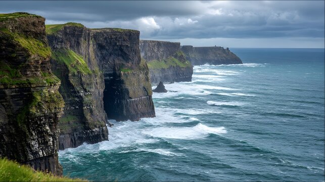 Towering coastal cliffs meet the churning ocean waves under a dramatic sky