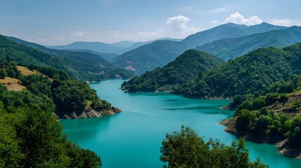 Vibrant turquoise water flows through a winding reservoir nestled among lush green forested mountains under a bright sky.