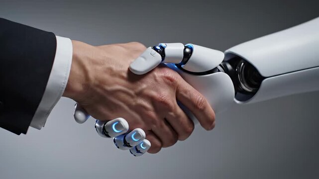 Human and robot hands connect in a moment of collaboration and understanding at a technology exhibition