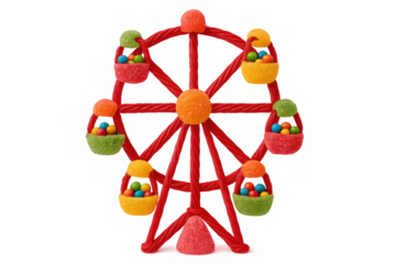 Candy land amusement park ferris wheel made from sweet gummy licorice and colorful sugar-coated confectionery on transparent background