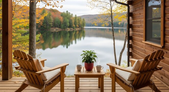 Serene Lakeside Cabin View with Adirondack Chairs in Autumn Landscape