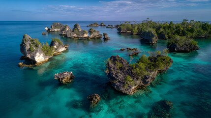 Aerial view showcases numerous limestone karst formations rising dramatically from brilliantly turquoise tropical waters.
