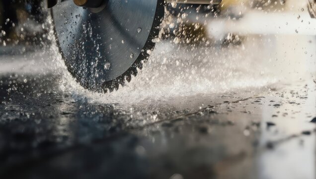 Close up of a circular saw blade cutting through concrete with water spraying.