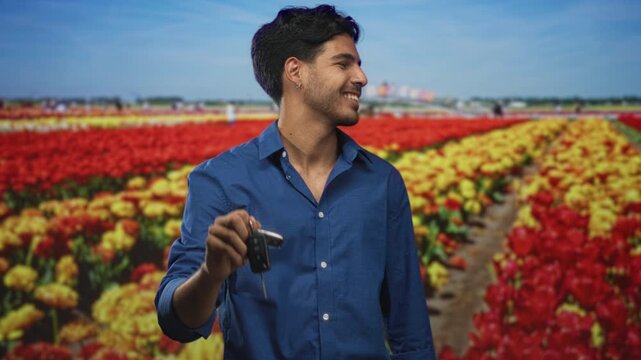 Man holding car keys with outstretched hand, smiling with closed eyes in studio tulip field backdrop; freedom optimism.