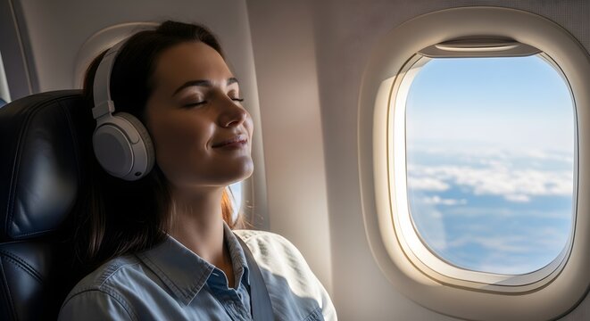 Woman Enjoying Music with Headphones on an Airplane Window Seat