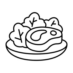 Lettuce salad on the plate with meat, fish, chicken drumsticks icon set. Healthy food icons. Healthy diet concept. Vector Illustration.