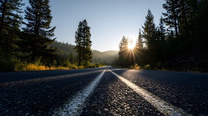 Fototapeta premium Sunburst shines brightly above an asphalt road winding through a dense forest landscape.