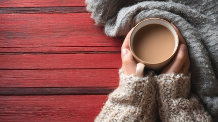 Person holding warm beverage in knitted sweater over rustic red wooden surface