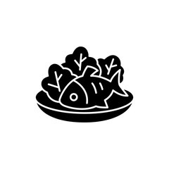 Lettuce salad on the plate with meat, fish, chicken drumsticks icon set. Healthy food icons. Healthy diet concept. Vector Illustration.