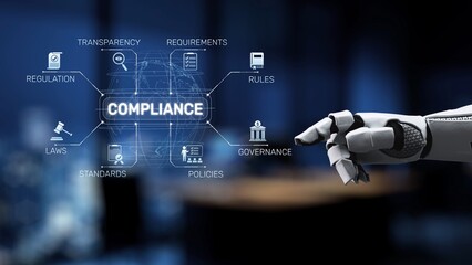 A robotic hand points at compliance icons, symbolizing the connection between technology and...
